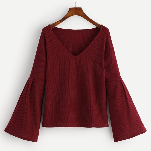 

Solid Flounce Sleeve Sweater, Burgundy