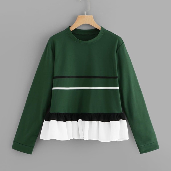 

Ruffle Hem Contrast Taped Sweatshirt, Green