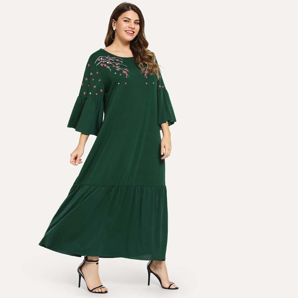 

Plus Floral Print Ruffle Sleeve and Hem Dress, Green