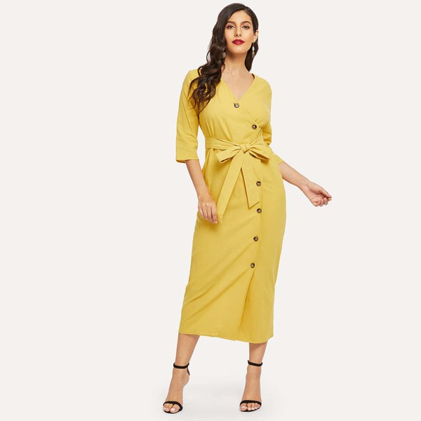 

Button Through Self Tie Surplice Midi Dress, Yellow