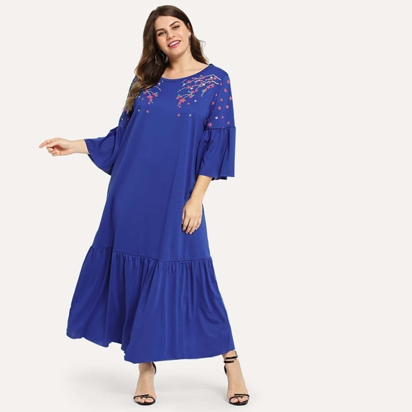 

Plus Floral Print Ruffle Sleeve and Hem Dress, Blue