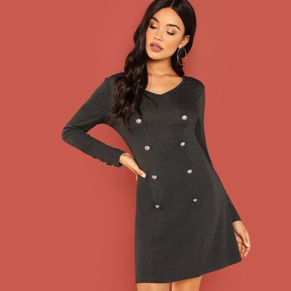 

Double Breasted Heathered Knit Dress, Grey