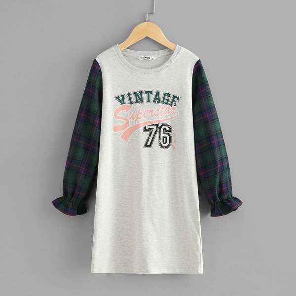 

Girls Plaid Sleeve Mixed Media Tee Dress, Grey