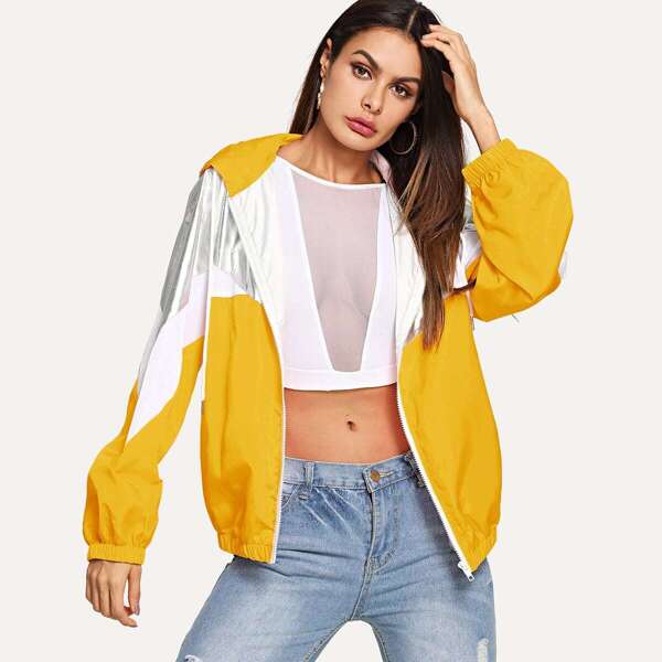 

Cut and Sew Zip Up Drawstring Hoodie Jacket, Multicolor