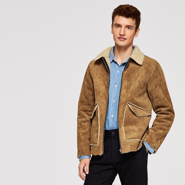 

Men Zip Up Faux Shearling Jacket, Camel