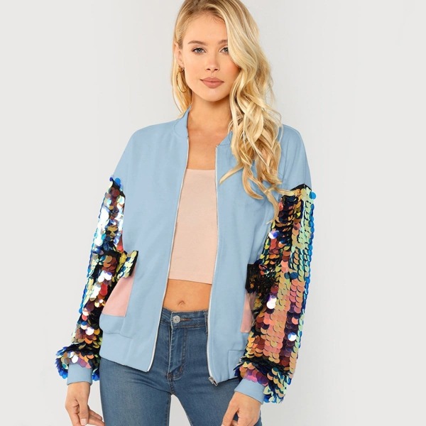 

Contrast Sequin Sleeve Pocket Front Jacket