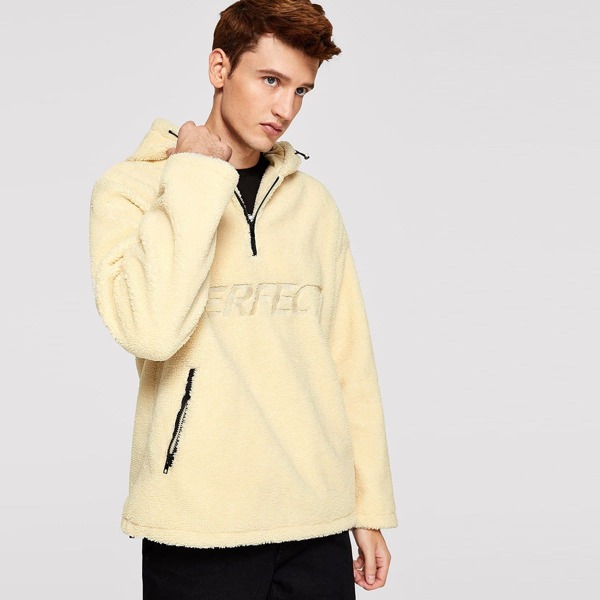 

Men Half Placket Embroidered Teddy Jacket, Beige