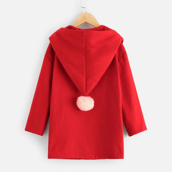 

Girls Button Up Hooded Coat With Pom Pom, Red