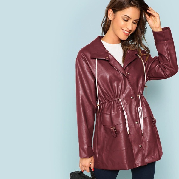 

Drawstring Waist Faux Leather Coat, Burgundy