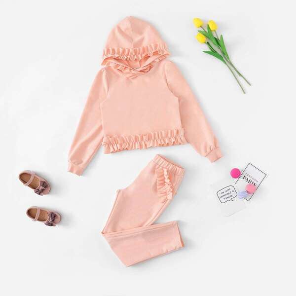 

Girls Ruffle Trim Hoodie & Pants Set, Pink