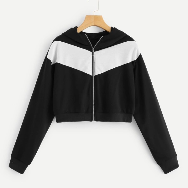 

Cut-And-Sew Zip Up Hoodie, Black