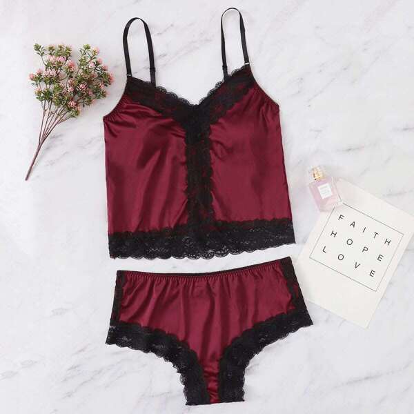 

Lace Trim Satin Cami Top & Panty