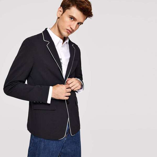 

Men Single Button Contrast Piping Blazer, Black