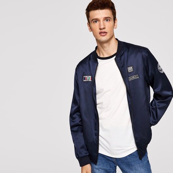 

Men Patched Detail Satin Bomber Jacket