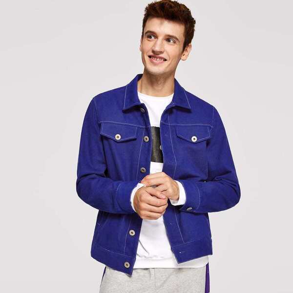 

Men Button Up Flap Pocket Jacket, Blue