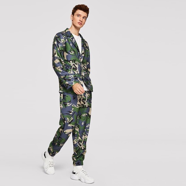 

Men Single Breasted Camo Blazer & Pants Set, Multicolor