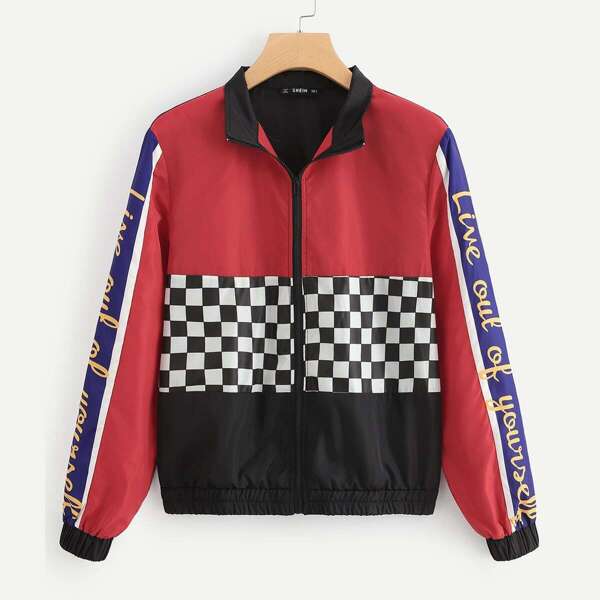 

Checked Panel Zip Up Jacket