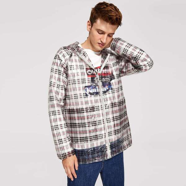 

Men Zip & Pocket Front Plaid Hoodie Jacket, Multicolor