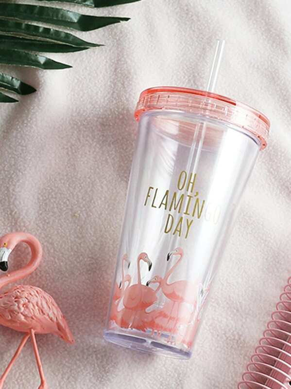 

Flamingo Print Straw Cup 380ML, Pink