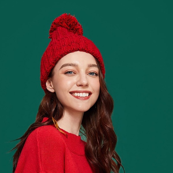 

Christmas Pom-Pom Decorated Beanie Hat, Red