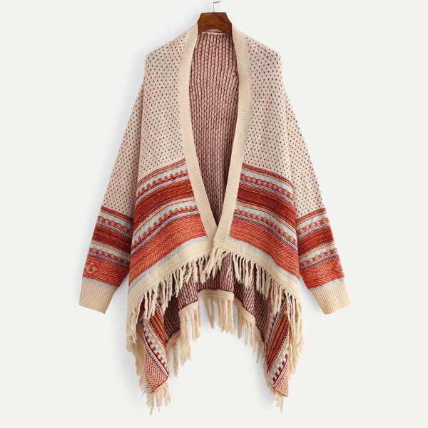 

Color-Block Fringe Hem Cardigan