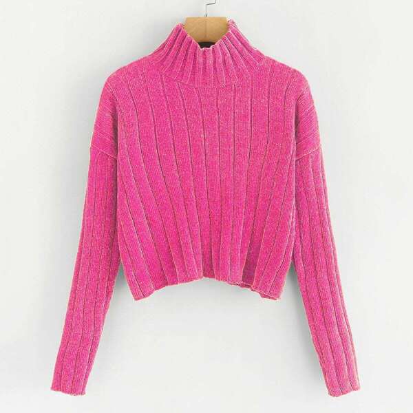 

Neon Pink High Neck Raw Hem Crop Sweater