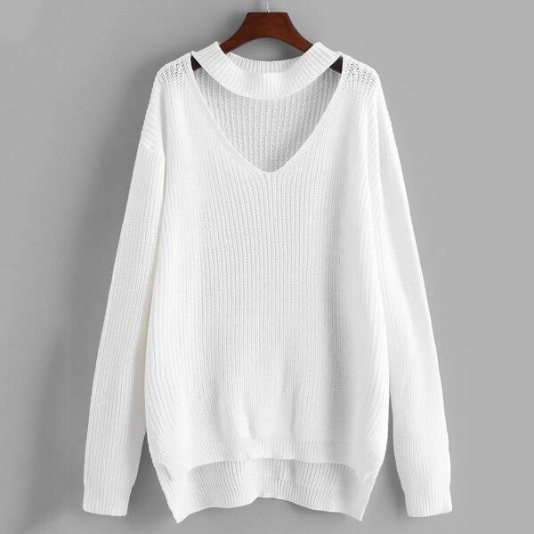 

Plus Choker Neck Step Hem Sweater, White