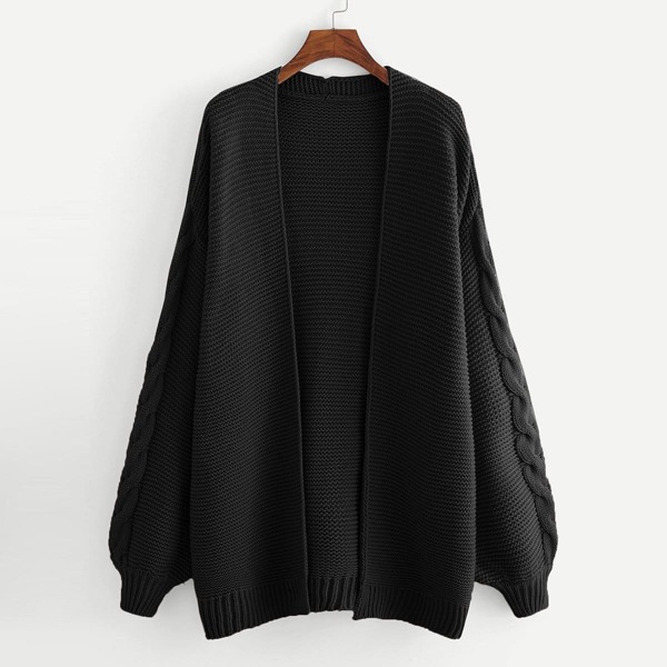 

Cable Knit Balloon Sleeve Open Front Cardigan, Black