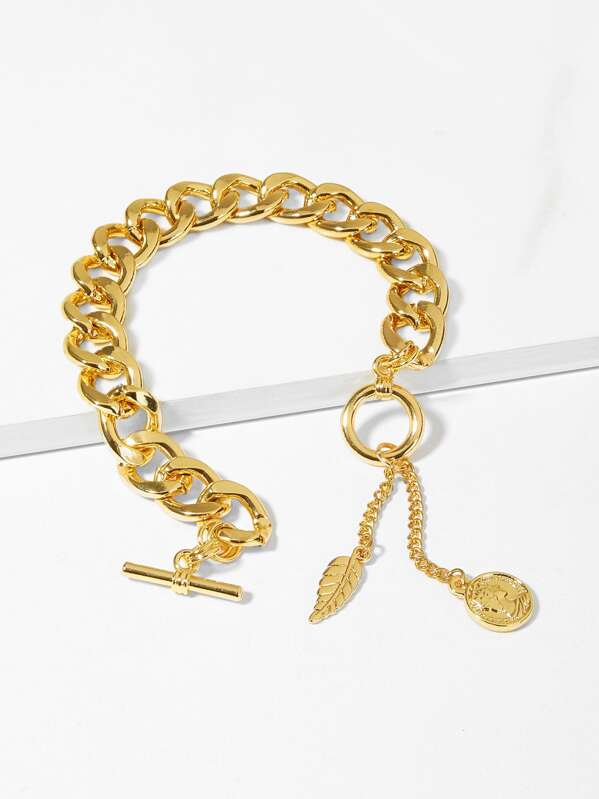 

Leaf & Figure Detail Crude Chain Bracelet 1pc, Gold