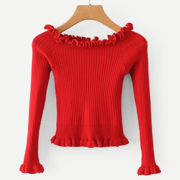 

Frill Detail Rib Knit Trim Sweater