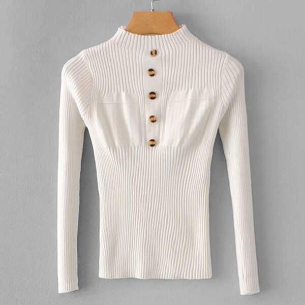 

Button Detail Rib Knit Trim Sweater