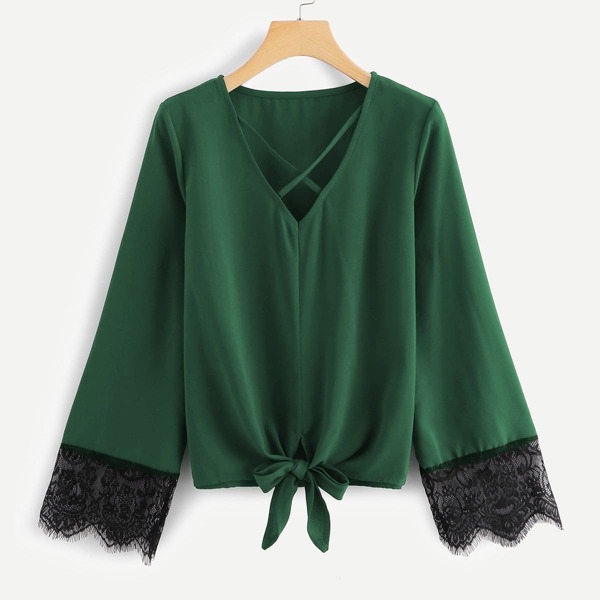 

Lace Cuff Criss Cross Knot Hem Blouse