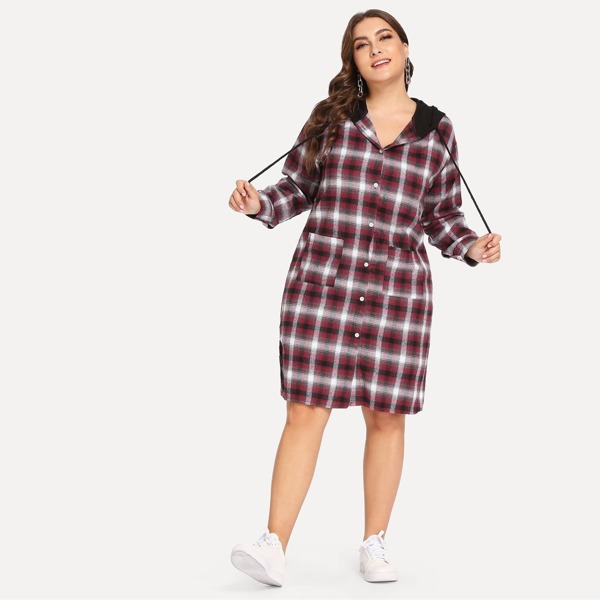 

Plus Plaid Hooded Shirt Dress, Multicolor