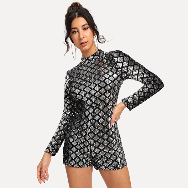 

Contrast Sequin Zip Back Romper, Silver