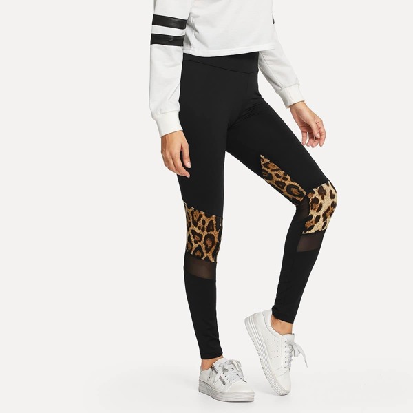 

Contrast Mesh Leopard Print Leggings, Black
