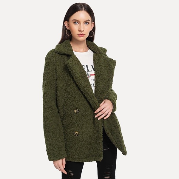 

Double Button Solid Teddy Coat