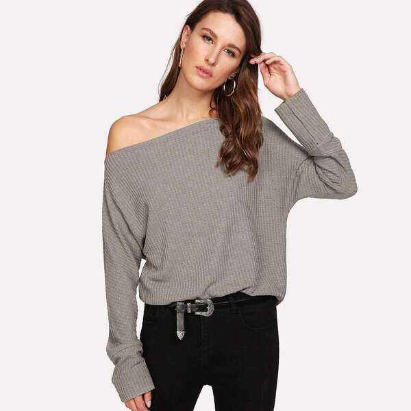 

Oblique Shoulder Dolman Sleeve Sweater, Grey