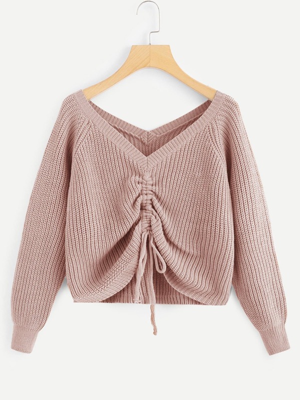 Drawstring Detail Solid Sweater, Pink