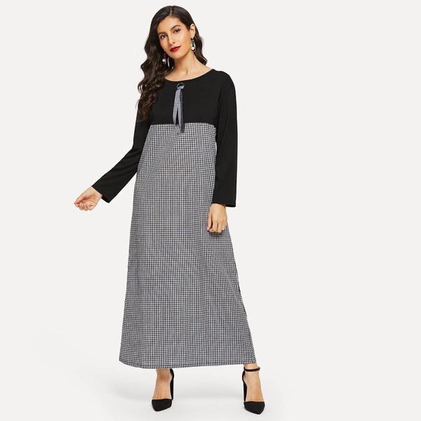 

Gingham Contrast Ribbon Front Longline Dress