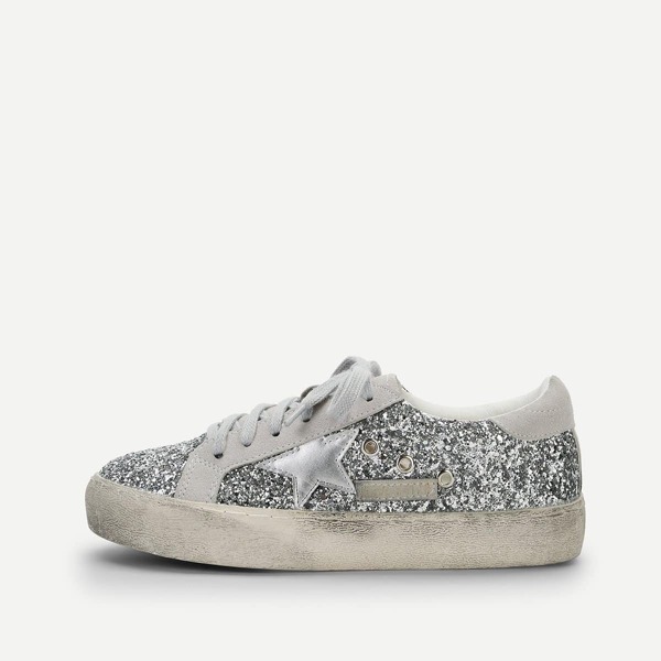 

Star Detail Glitter Lace Up Sneakers, Silver