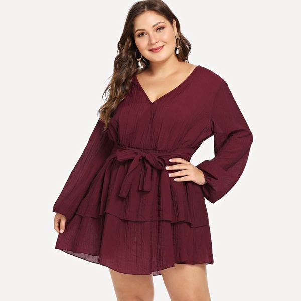 

Plus Wrap Front Belted Crinkle Dress
