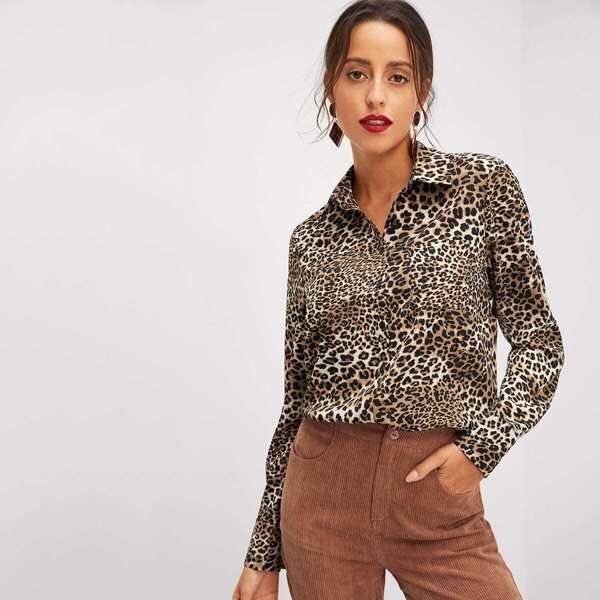 

Pocket Patched Leopard Print Shirt