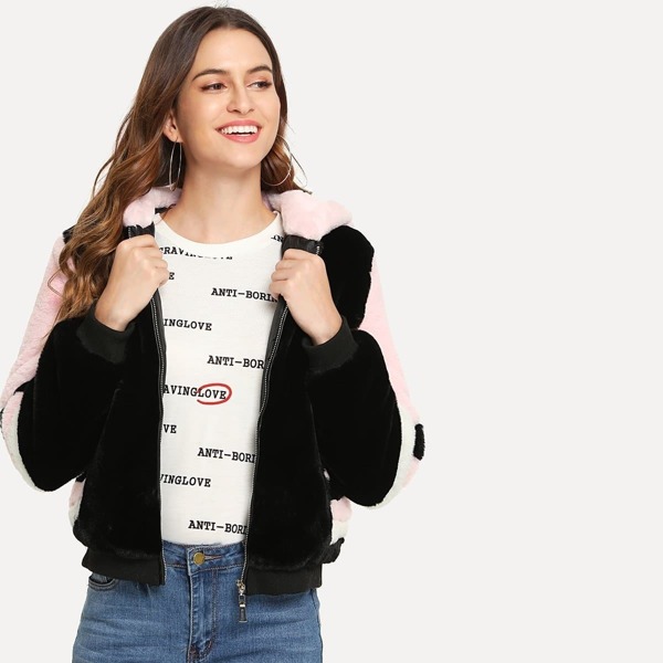 

Color-Block Faux Fur Hoodie Jacket, Multicolor