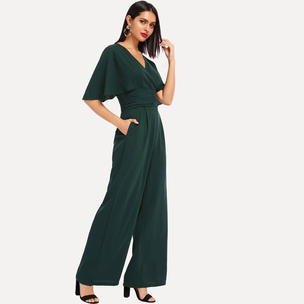 Surplice Neck Ruched Detail Solid Jumpsuit