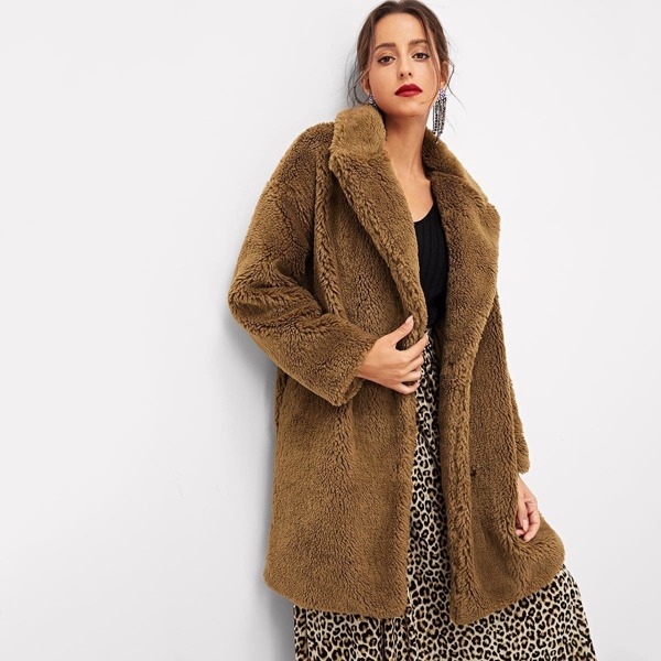 

Notched Neck Solid Teddy Coat, Brown