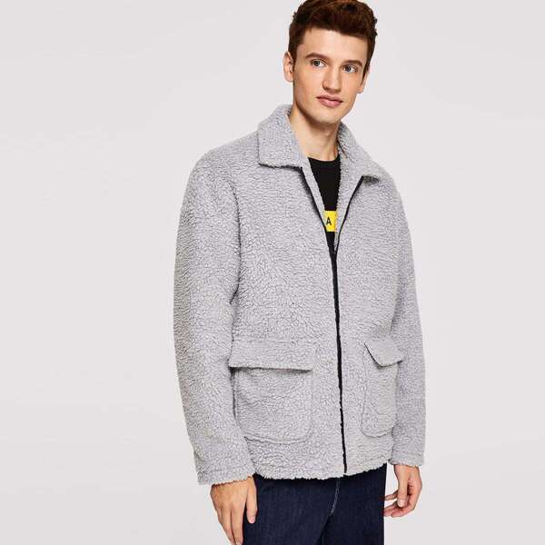 

Men Zip & Pocket Front Collar Teddy Jacket