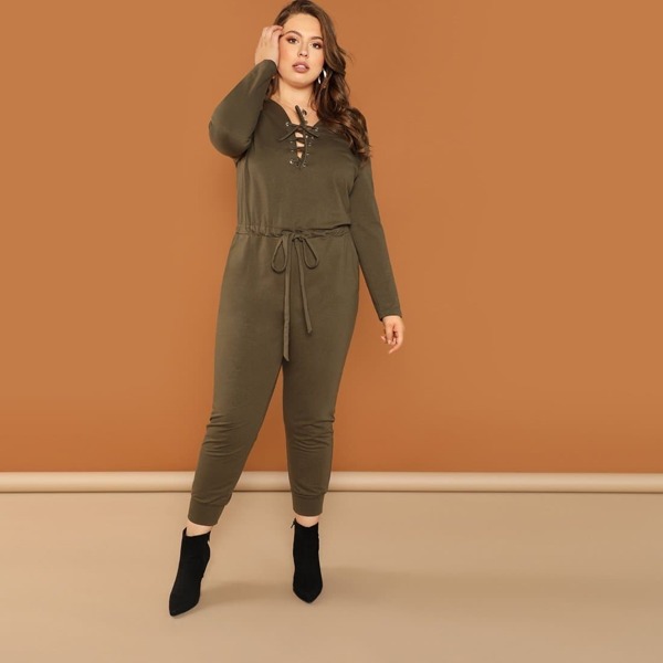 

Plus Lace-Up Neck Slant Pocket Jumpsuit