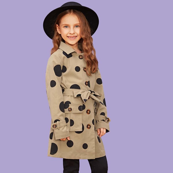 

Girls Pocket Front Belted Polka Dot Coat