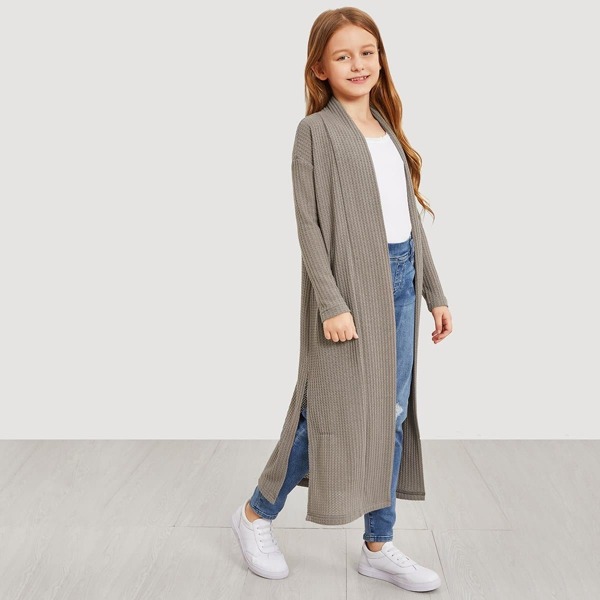 

Girls Waffle Knit Split Side Jersey Duster Coat, Grey