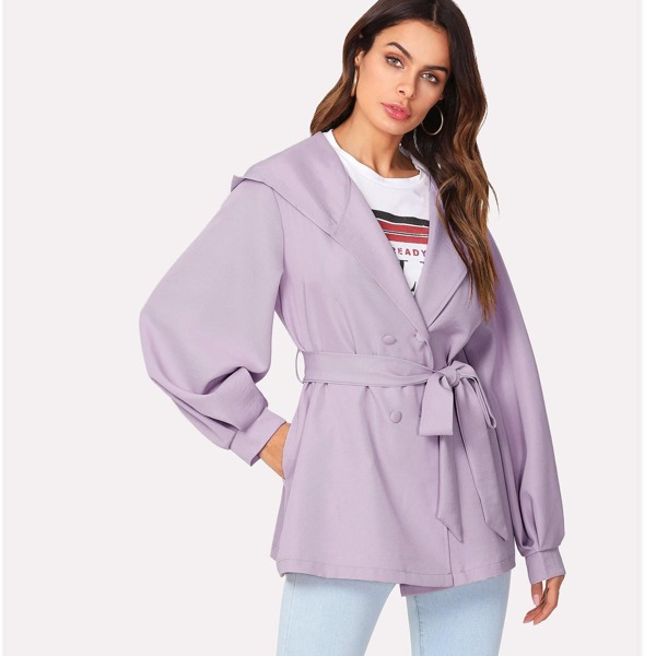 

Self Belted Hoodie Coat, Purple